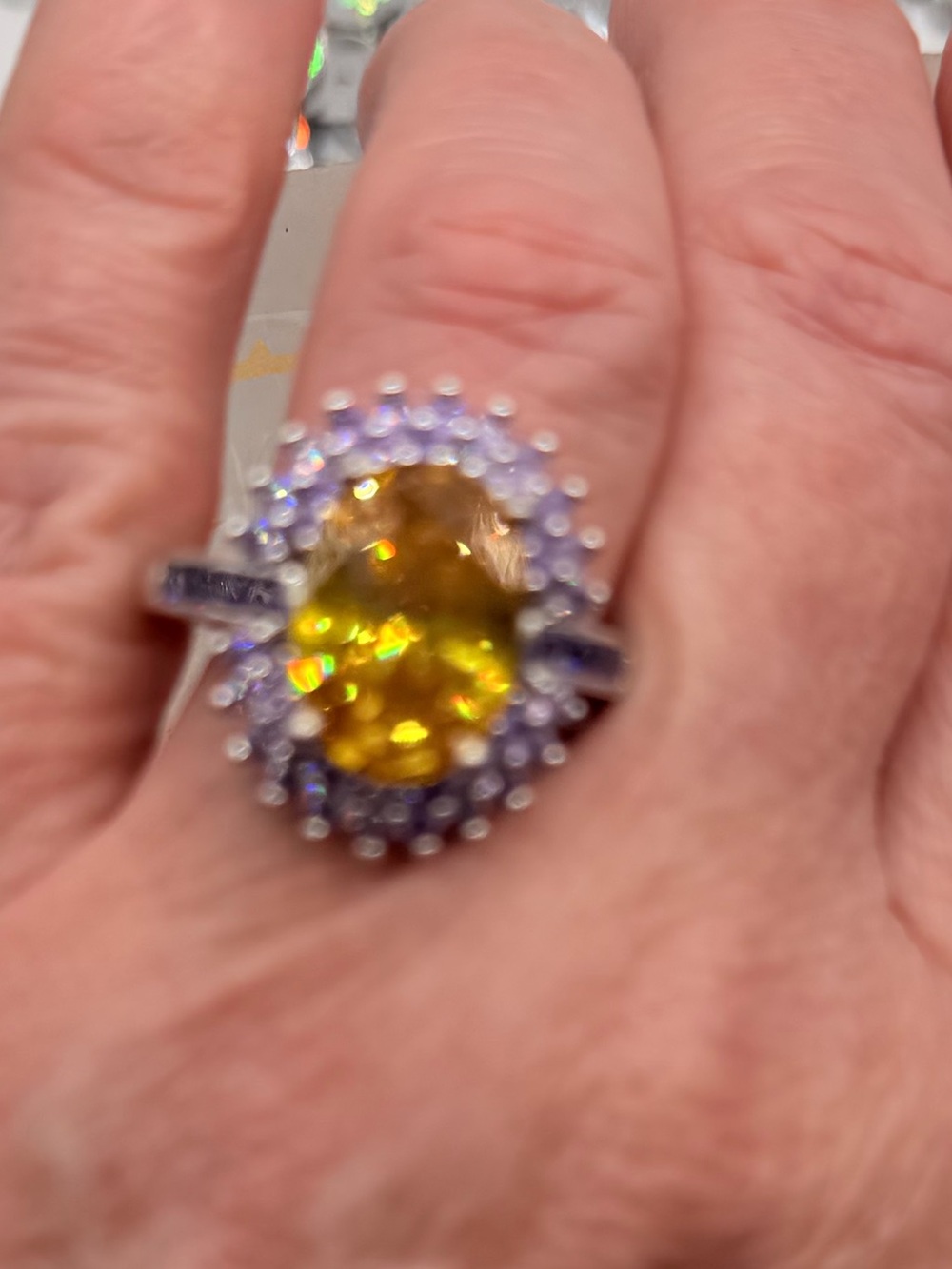 Sterling Silver Yellow Citrine and Amethyst Halo Ring - Women's Jewelry size 8.5